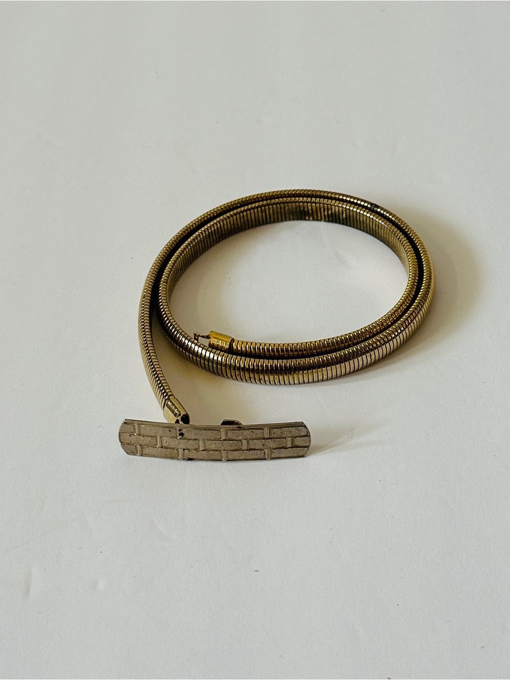 Vintage Gold-Tone Coil Belt with Textured Bar Accent